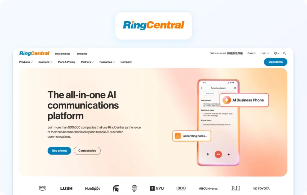 RingCentral homepage view